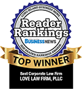 Logo Recognizing LOVE LAW FIRM PLLC's affiliation with Reader Rankings Best Corporate Law