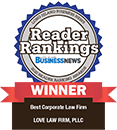 Logo Recognizing LOVE LAW FIRM PLLC's affiliation with Reader Rankings Corporate Law